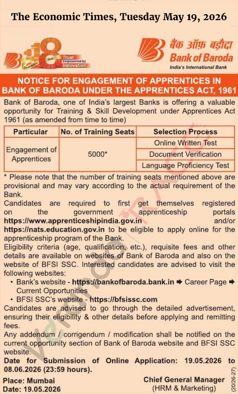 Bank of Baroda Apprentice Recruitment 2026 Notification Out for 5000 Post Vacancies; Apply Now