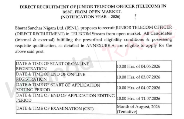 BSNL Junior Telecom Officer (JTO) Recruitment 2026 Notification Out for 100 Vacancies; Check Eligibility, Exam Dates, Selection Process, Apply Online Link