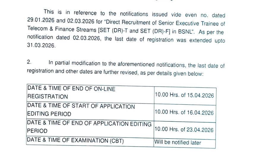 BSNL SET Recruitment 2026 Notification Out for 120 Vacancies; Apply Online until 15 April 2026 (Latest Update)