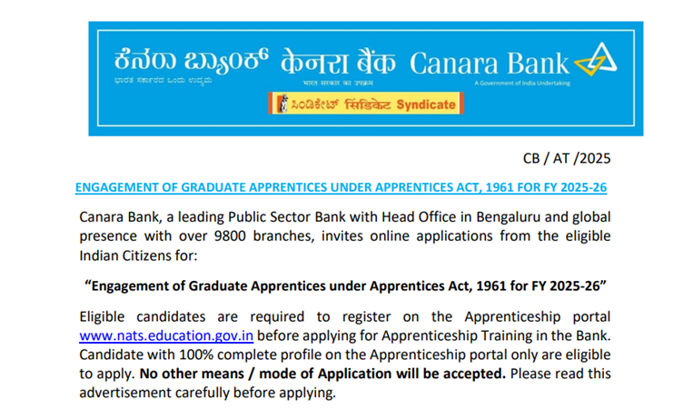 Canara Bank Apprentice Recruitment 2025 Notification Out for 3500 Vacancies; Apply Now