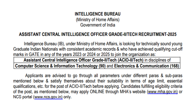 IB ACIO  Gr-II/Tech Recruitment 2025 Notification Out for 258 Posts; Apply Online @ www.mha.gov.in