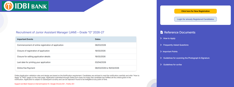IDBI Junior Assistant Manager Notification 2026 Out for 1100 JAM Vacancies, Apply Online @ www.idbi.bank.in/