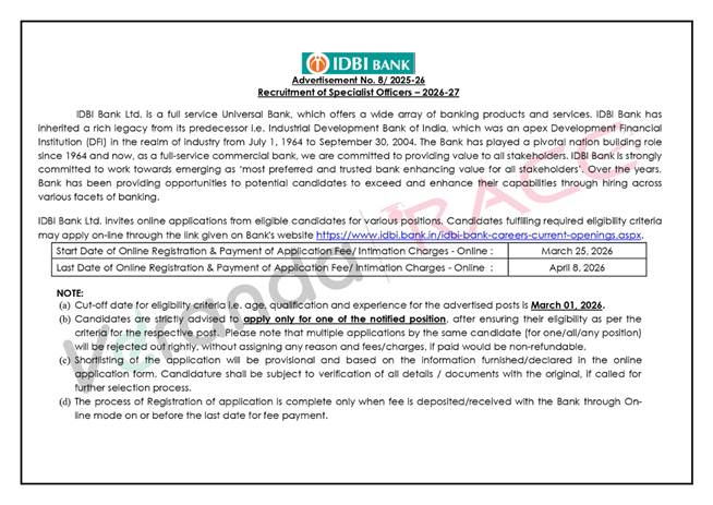 IDBI SO 2026 Notification Out for 33 Specialist Officer Vacancies, Apply Online @ www.idbi.bank.in/