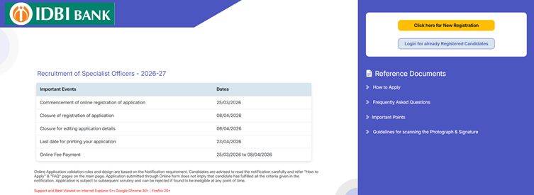 IDBI SO 2026 Notification Out for 33 Specialist Officer Vacancies, Apply Online @ www.idbi.bank.in/