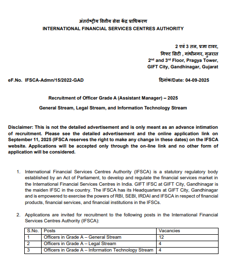 IFSCA Grade A Exam Official Notification 2025 Out for 20 Assistant Manager Vacancies, Apply from 11 September
