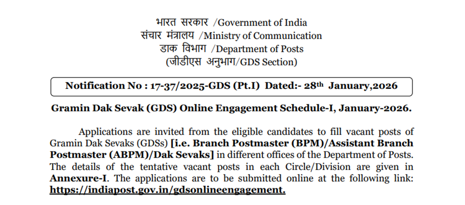 India Post GDS 2026 Notification Out for 28740 Gramin Dak Sevak Vacancies for Class 10 Pass Candidates, Download PDF and Direct Apply Links