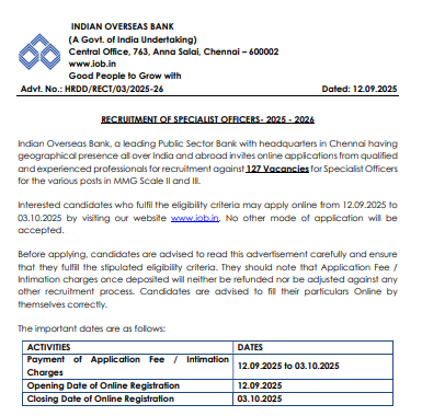 Indian Overseas Bank (IOB) SO Recruitment 2025 Notification Out for 127 Posts; Download PDF