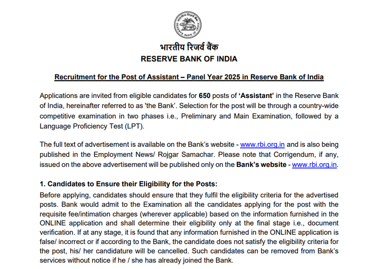RBI Assistant 2026 Notification Out for 650 Vacancies, Exam Dates, Exam Pattern, Eligibility Criteria, Salary, Download PDF, Apply Online