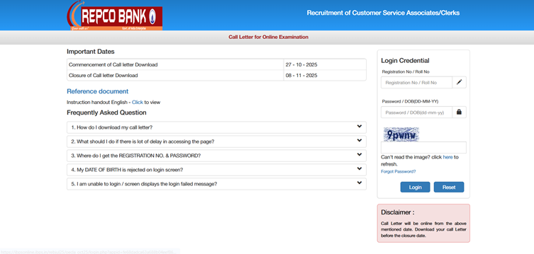 REPCO Bank Clerk Admit Card 2025 Out, Direct Link to Download Call Letter