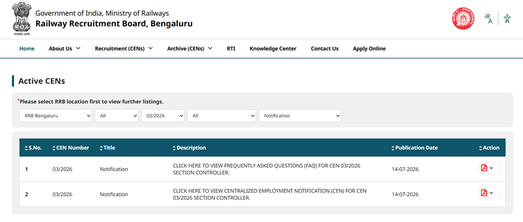 RRB Section Controller Recruitment Notification 2026 Out for 119 Vacancies; Apply Online, Check Zone Wise Vacancy, Official Notice Download PDF