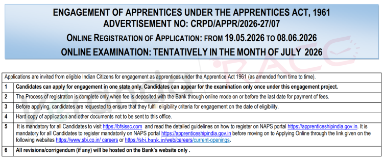 SBI Apprentice Recruitment 2026 Notification Out for 7150 Vacancies; Apply till 8 June 2026