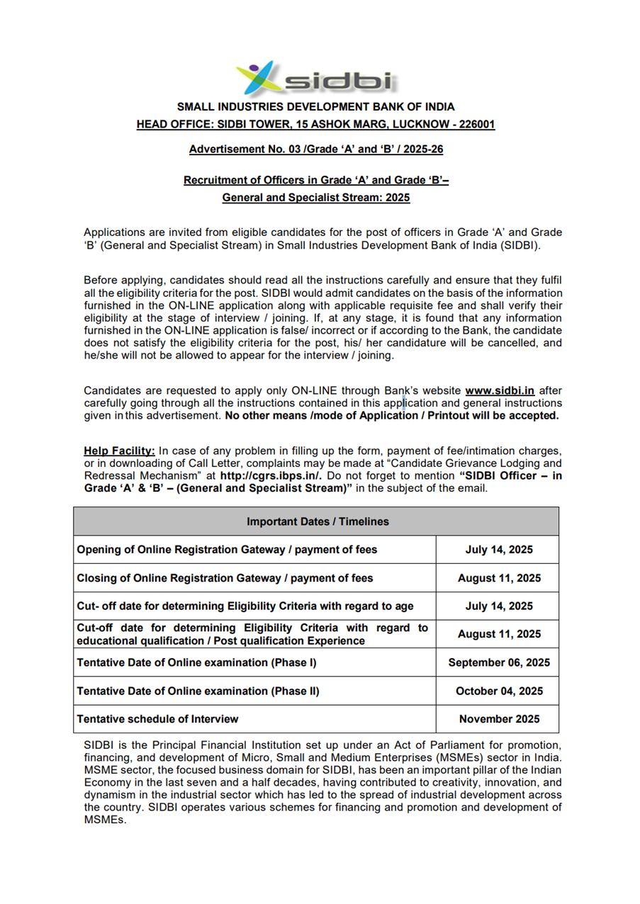 SIDBI Grade A and B Recruitment 2025 Notification Out; 76 Vacancies; Apply Online