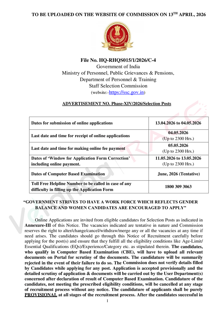 SSC Selection Post Phase 14 Recruitment 2026 Notification Out for 3003 Vacancies