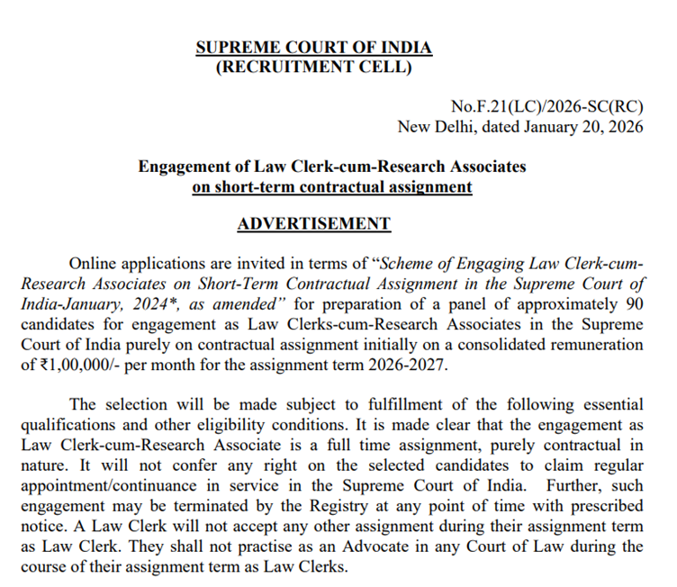 Supreme Court Law Clerk Recruitment 2026 Notification Out for 90 Vacancies; Apply Online @  https://www.sci.gov.in/ until 7 Feb 2026