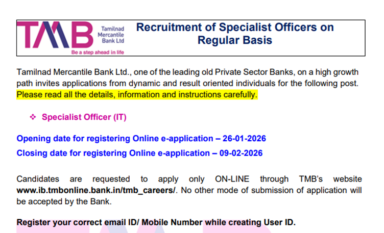 TMB SO Recruitment 2026 Notification Out for Various IT Specialist Officer Posts, Apply Online Now