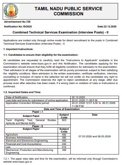 TNPSC Combined Technical Services (Interview) Notification 2025-26 Out for 76 Vacancies, Eligibility, Exam Pattern; Apply Now