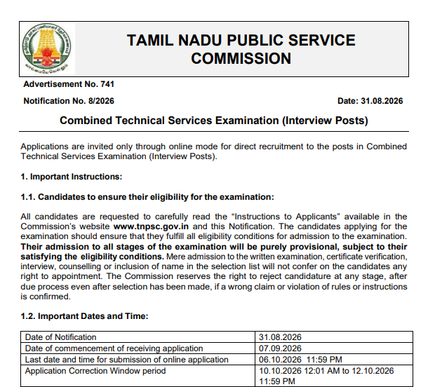 TNPSC CTS Interview 2026 Recruitment Notification Out for 170 Combined Technical Services Interview Vacancies, Online Form Starts on 7 September 2026