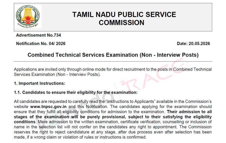TNPSC CTS Non-Interview 2026 Recruitment Notification Out for 461 Combined Technical Services Posts, Online Form Starts on 27 May 2026