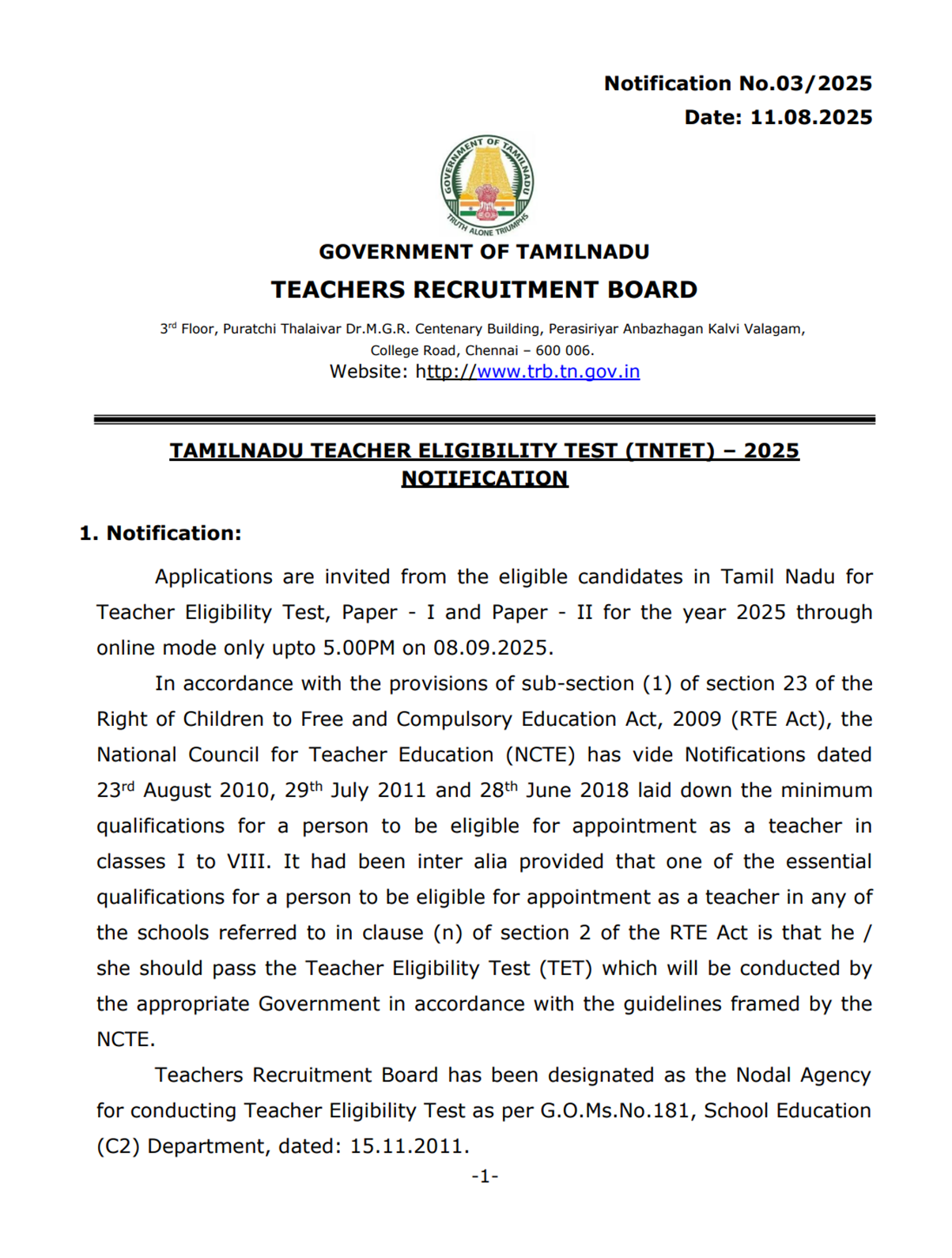 TN Teacher Eligibility Test Official Notification PDF Out; TNTET Exam on 15 & 16 November 2025