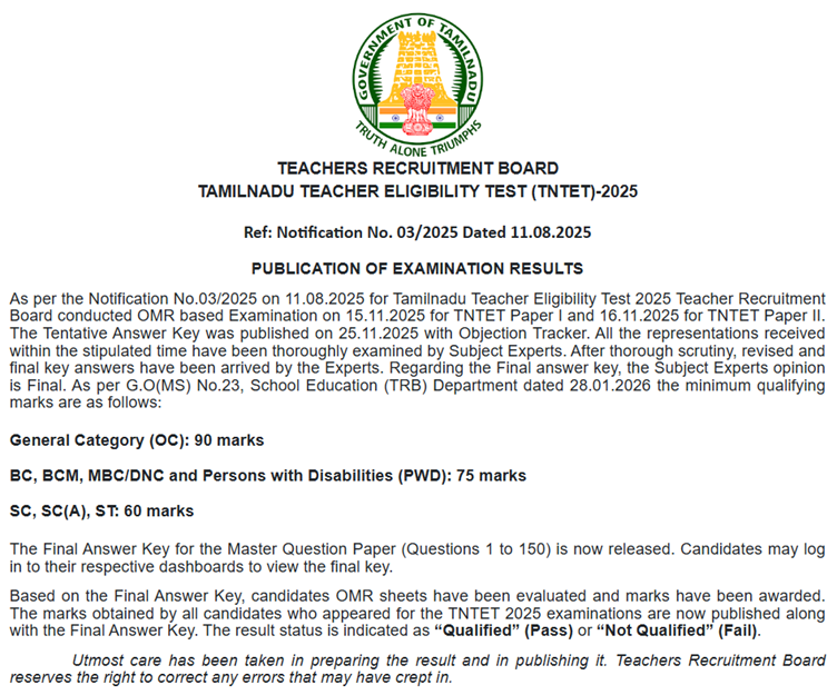 TN Teacher Eligibility Test (TNTET) 2025 Result Out at trb.tn.gov.in, Download Paper 1 and Paper 2 Answer Key, Scorecard and Result PDF