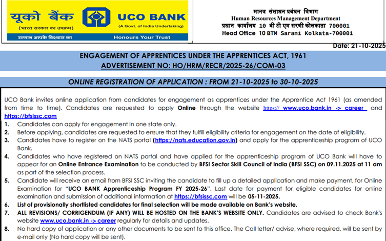 UCO Bank Apprentice Recruitment 2025 Notification Out for 532 Vacancies; Apply Now
