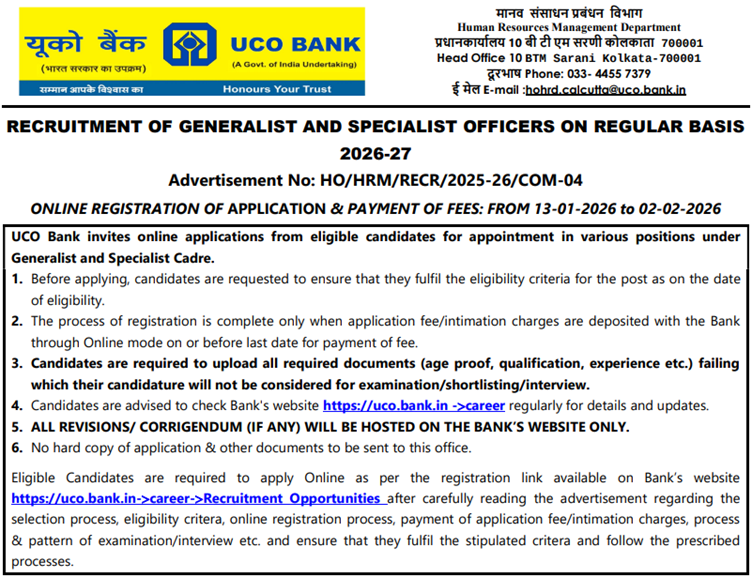 UCO Bank Recruitment 2026 Notification Out for 173 Generalist and Specialist Officer Vacancies; Apply Now